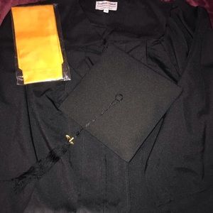 Graduation gown and hat, and gold tassels